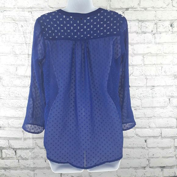 Signature Studio Blouse Womens Small Blue Swiss Dot Eyelet Button Down Top Sheer - Picture 2 of 8